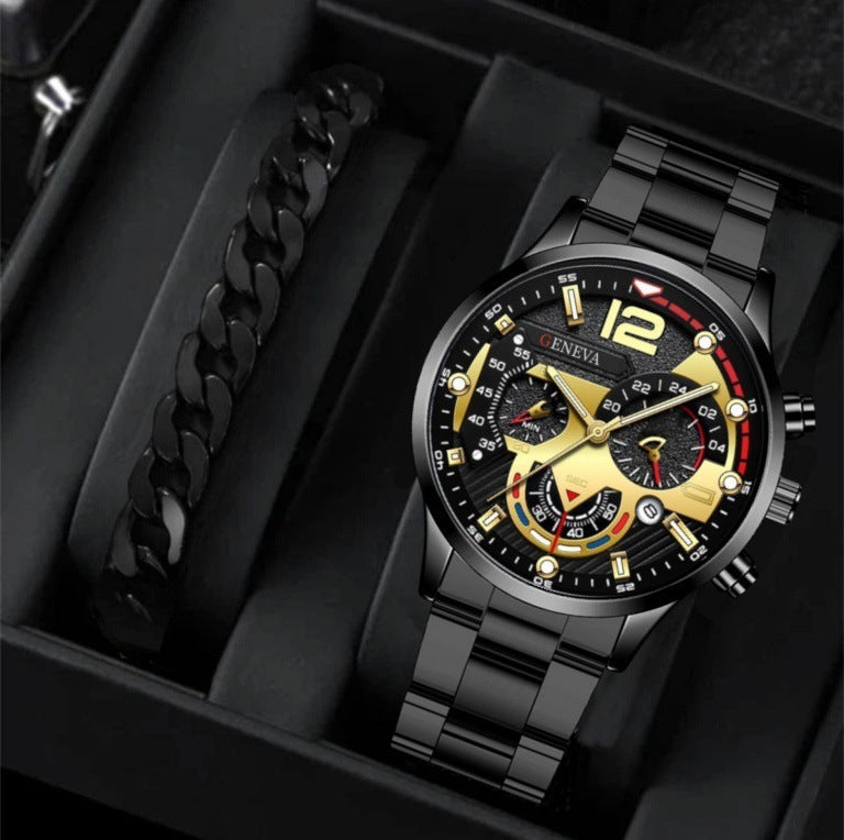 2pcs Men's New Popular Steel Strip Fashion Business Three Eye Quartz Watch Bracelet Set Valentine's Day Gifts