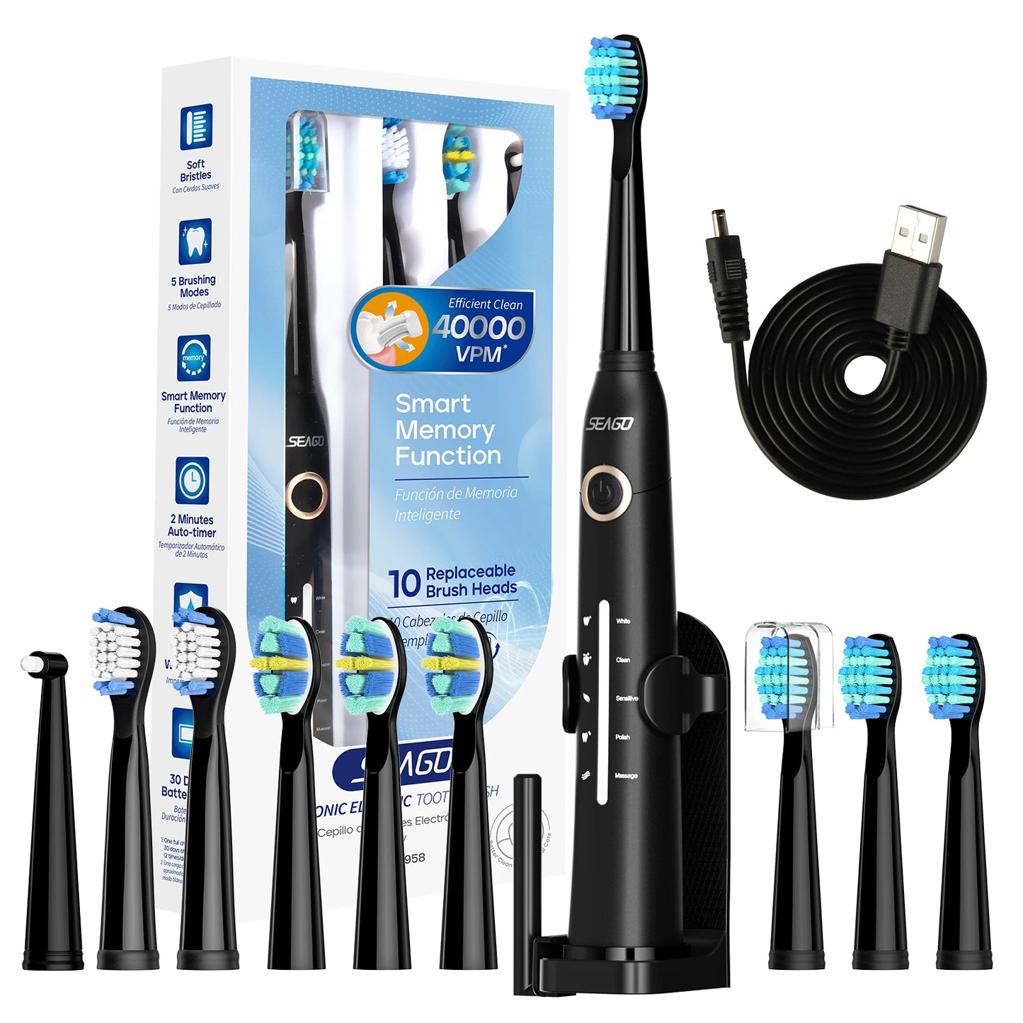 Sonic Electric Toothbrush with USB Rechargeable Feature and 10 Replacement Heads for Adults - Ultrasonic Teeth Cleaning System