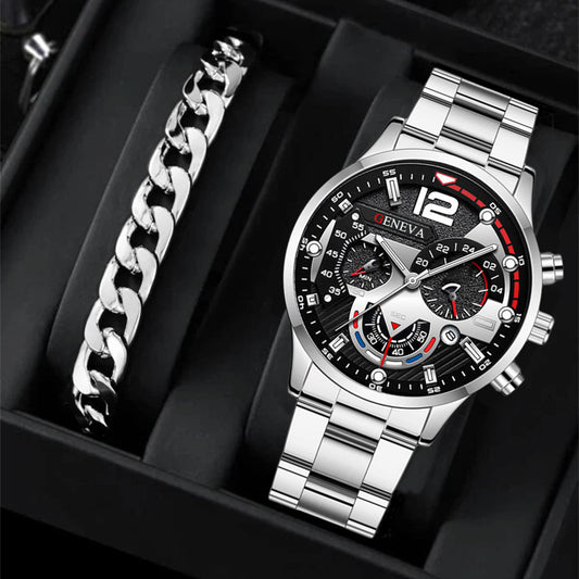 2pcs Men's New Popular Steel Strip Fashion Business Three Eye Quartz Watch Bracelet Set Valentine's Day Gifts