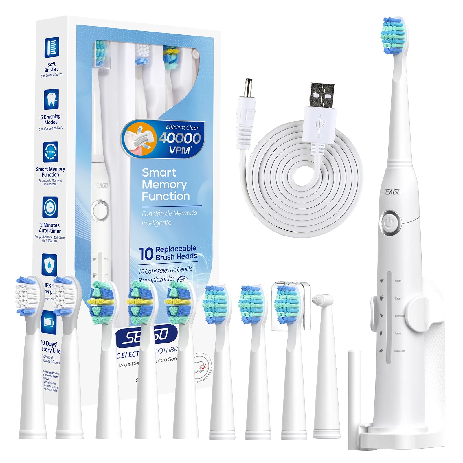 Sonic Electric Toothbrush with USB Rechargeable Feature and 10 Replacement Heads for Adults - Ultrasonic Teeth Cleaning System